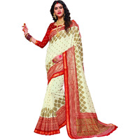 AKHILAM Women Silk Saree With Blouse Piece (Bengali Saree 6004_Cream & Red)