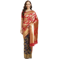 AKHILAM Womens Silk Blend Saree with Unstitched Blouse Piece(HSA270) (Red & Navy Blue)