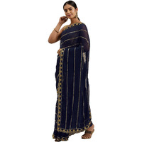 Shasmi Womens Designer Black Georgette Embroidered Fashion Designing Saree for Women (KK) (Navy Blue)