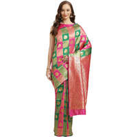 AKHILAM Womens Solid Silk Blend Saree With Unstitched Blouse Piece(Green & Pink_HSA27007)