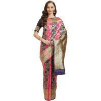 AKHILAM Womens Solid Banarasi Silk Saree With Unstitched Blouse Piece (Pink & Navy Blue_HSA27001)