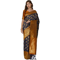 AKHILAM Womens Banarasi Silk Woven Border Saree with Unstitched Blouse Piece(Navy Blue_JMN32001)