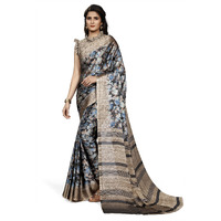 SOURBH Womens Chiffon Leaf Printed Saree with Blouse Piece (28576-Black, Blue, Beige)