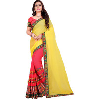 Arriva Fab Georgette with Blouse Piece Saree (Riva2_38_$p2_Yellow-Pink_Free Size)