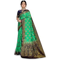 C J Enterprise Womens Pure Soft Kanjivaram Silk Saree Kanchipuram Pattu Sarees Banarasi Design Wear Latest Party Cotton Sari With Blouse Piece for Wedding sadi new 2024 (SunFlower paithani) (Green)