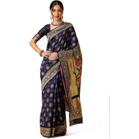 EthnicJunction Womens Paithani Silk Blend Woven Saree With Blouse Piece (Navy Blue)