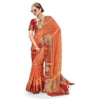 AKHILAM Womens Georgette Banarasi Silk Saree Georgette Patola saree With Unstitched Blouse Piece (Orange_ARYA1005_FL)