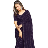 SIRIL Womens Chiffon Hot Fixing Saree With Unstitched Blouse Piece (3397S244_Dark Blue)