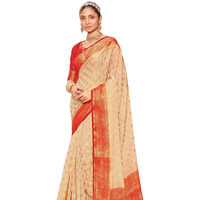 AKHILAM Womens Georgette Banarasi Silk Saree Georgette Patola saree With Unstitched Blouse Piece (Cream_ARYA1003_FL)