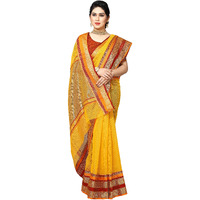 Sidhidata Womens Temple Border Kota Doria Cotton Manipuri Saree With Unstiched Blouse Piece (Kangana Yellow_Yellow_Free Size)