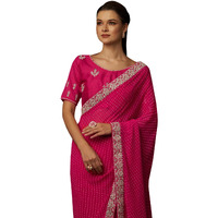 AKHILAM Womens Embellished Gota Work Georgette Bandhani Saree With Unstiched Blouse Piece (Barbie Pink_DHNIYA461_DC)