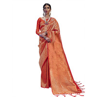 AKHILAM Womens Kanjivaram banarasi silk Woven Design Saree With Unstitched Blouse Piece (Orange_KNDIN145001)