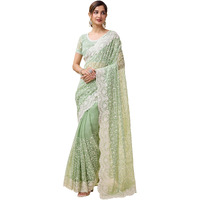 TRENDMALLS Womens Net Embroidery Saree with Blouse Piece (K1099-OliveGreen)