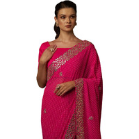 AKHILAM Womens Embellished Gota Work Georgette Bandhani Saree With Unstiched Blouse Piece (Barbie Pink_DHNIYA471_DC)