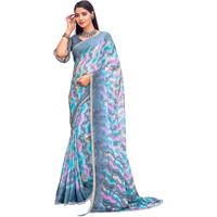 Amazon Brand - Anarva Womens Chiffon Printed Banarasi Border Saree With Blouse Piece(Savyaa-22803-A), Blue