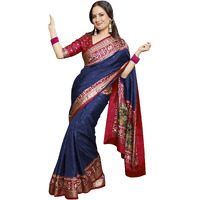 AKHILAM Womens Banarasi silk Animal Print Saree With Unstitched Blouse Piece(Navy Blue_TRITH10013.)