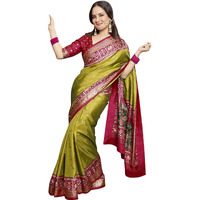 AKHILAM Womens Banarasi silk Animal Print Saree With Unstitched Blouse Piece(Olive_TRITH10016.)