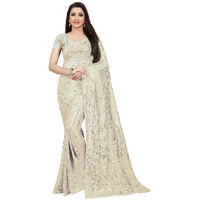 PristiveFashionHub Womens Pure Georgette Sequence Saree With Un-Stiched Blouse Piece (White)