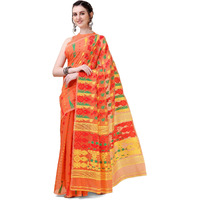 EthnicJunction Womens Woven Jamdhani Cotton Blend Saree With Blouse Piece (EJ7043-Tant-Orange_Orange)