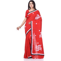 dB DESH BIDESH Women`s Bengali Khesh Pure Cotton Handloom Saree Swastik Designed With Blouse Piece (Red)