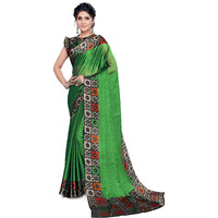 SOURBH Womens Plain Weave Chiffon Border Printed Saree with Blouse Piece (33101-Leaf Green, Beige)