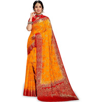 iZibra Women Kanjivaram Soft Cotton Silk Saree Pattu Sarees Banarasi Original Kanchipuram Pure Silk Design with Blouse for Wedding sadi new ladies 2022 (RajniGandha) (Yellow Red)