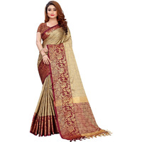 PristiveFashionHub Womens Cotton Silk Saree With Blouse Piece (Cottonsilk_Jacquard Silk_Creme_Cream)