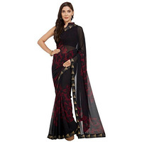 SOURBH Womens Faux Georgette Printed Zari Border Saree with Blouse Piece (7231-Black)