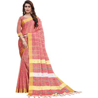 AKHILAM Womens Linen Mirror Work Embellished Saree With Unstitched Blouse Piece(Peach_LCRYFC40B)