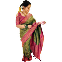 SGF11 Womens Kanjivaram Soft Lichi Silk Saree With Blouse Piece (Dark Green)