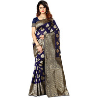 Shasmi Womens Designer Kanchipuram Banarasi Silk Blend Jacquard Woven Design Sarees (Navy Blue and Golden)