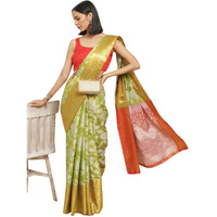 Enthone Womens Soft Brocade Floral Saree With Unstitched blouse Piece(Parrot Green)