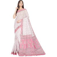 RANI SAAHIBA Womens Pure Cotton Printed Saree Without Blouse Piece (SKR5755_White-Pink)