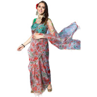 Blissta Womens Sea Green Organza Printed Saree With Unstitched Blouse Piece