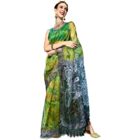 Blissta Womens Lime Yellow Organza Printed Saree With Unstitched Blouse Piece