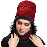 Sidhidata Textile Womens Fashion Winter wear Neck & Hat Warm Beanies Soft Fur Inside Knitted Hats and Cap combo (Free Size_Red)