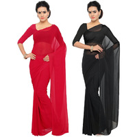 Sidhidata Textile Combo of 2 Womens plain Solid pure Georgette Saree With Unstitched Blouse Piece (Pack of Two) (Combo plain red-black_Red & black_Free Size)