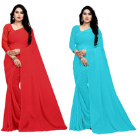 Sidhidata Textile Combo of 2 Womens plain Solid pure Georgette Saree With Unstitched Blouse Piece (Pack of Two) (Combo plain red-firozi 719_Red & firozi Sky Blue_Free Size)