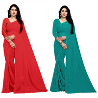 Sidhidata Textile Combo of 2 Womens plain Solid pure Georgette Saree With Unstitched Blouse Piece (Pack of Two) (Combo plain red-dark firozi_Red & dark firozi_Free Size)