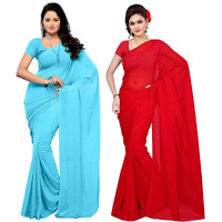 Sidhidata Textile Plain Georgette Saree With Blouse Piece Pack of Two (Sky Blue-Red)