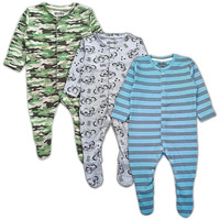 TuddyBuddy 100% Organic Cotton Multi Color Sleepsuit/Onesie/Romper for Baby Boy & Baby Girl (Pack of 3 Sleepsuits - 3-6 Months Grey Blue Stripes & Camouflage)