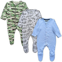 TuddyBuddy 100% Organic Cotton Multi Color Sleepsuit/Onesie/Romper for Baby Boy & Baby Girl (Pack of 3 Sleepsuits - Camouflage Grey AOP & Sky Blue 3-6 Months)