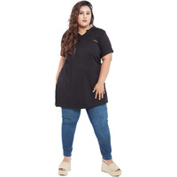 CUPID Womens Cotton Plus Size Plain Half Sleeves Long Top for Summer and Semi Summers with One Side Pocket for Ladies Solid T Shirt_Black_7XL