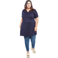 CUPID Womens Cotton Plus Size Plain Half Sleeves Long Top for Summer and Semi Summers with One Side Pocket for Ladies Solid T Shirt_Navy Blue Top_5XL