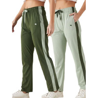 Modeve Womens Olive and Pista Regular Fit Striped with Side Pockets Cotton Track Pants for Summer (L)