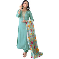 Naixa Womens Firoji Rayon Blend Embroidered and Printed Straight Kurta with Rayon Blend Pant and Chinon Printed Dupatta Sets (NX-508-Firoji-S)