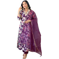 Naixa Womens Wine Rayon Blend Embroidered and Printed Straight Kurta with Rayon Blend Pant and Organza Dyed Dupatta Sets (NX-507-Wine-XS)