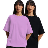 JUNEBERRY Pure Cotton Drop Shoulder Oversized Baggy Fit Half Sleeve Plain Solid Round Neck Multicolor T-Shirt for Women & Girls (Pack of 2) (PO2_OS_JB_LC_BK_L)