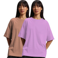 JUNEBERRY Pure Cotton Drop Shoulder Oversized Baggy Fit Half Sleeve Plain Solid Round Neck Multicolor T-Shirt for Women & Girls (Pack of 2) (PO2_OS_JB_LC_CR_XL)