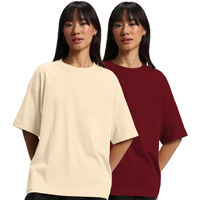 JUNEBERRY Pure Cotton Drop Shoulder Oversized Baggy Fit Half Sleeve Plain Solid Round Neck Multicolor T-Shirt for Women & Girls (Pack of 2) (PO2_OS_JB_MR_SW_L)